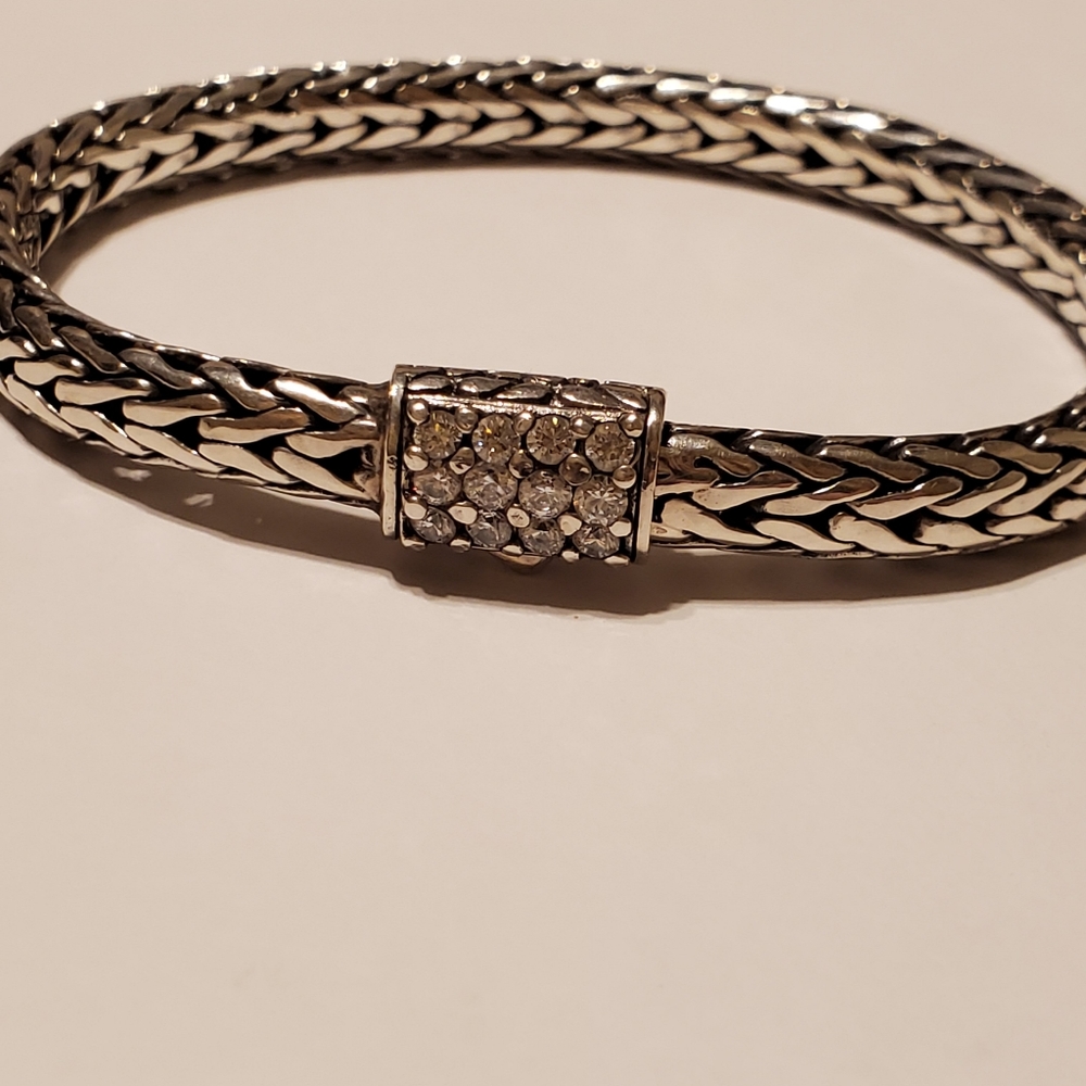 Sterling Silver Braided Bracelet with Clear Stones